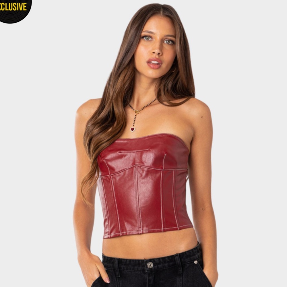 EDIKTED Moss Faux Leather Lace Up Corset Top